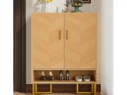 Sapateira moderna - 80 x 38 x 100 cm - padrão de madeira exclusivo - estrutura de ferro dourado - com 2 portas - MDF - cor natural