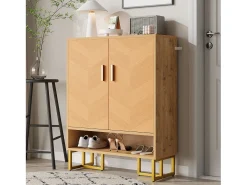 Sapateira moderna - 80 x 38 x 100 cm - padrão de madeira exclusivo - estrutura de ferro dourado - com 2 portas - MDF - cor natural