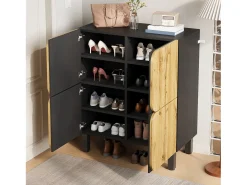 Sapateira moderna - 80 x 38,5 x 95 cm - com 4 portas + prateleiras ajustáveis - pés de ferro - MDF - natural + preto