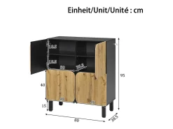 Sapateira moderna - 80 x 38,5 x 95 cm - com 4 portas + prateleiras ajustáveis - pés de ferro - MDF - natural + preto
