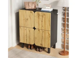 Sapateira moderna - 80 x 38,5 x 95 cm - com 4 portas + prateleiras ajustáveis - pés de ferro - MDF - natural + preto