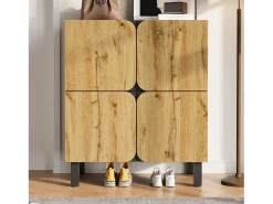 Sapateira moderna - 80 x 38,5 x 95 cm - com 4 portas + prateleiras ajustáveis - pés de ferro - MDF - natural + preto