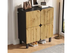 Sapateira moderna - 80 x 38,5 x 95 cm - com 4 portas + prateleiras ajustáveis - pés de ferro - MDF - natural + preto