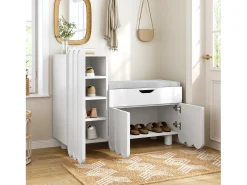 Sapateira moderna - 90 x 35 x 74,5 cm - com 3 portas + 1 gaveta + almofada de assento - MDF - branco