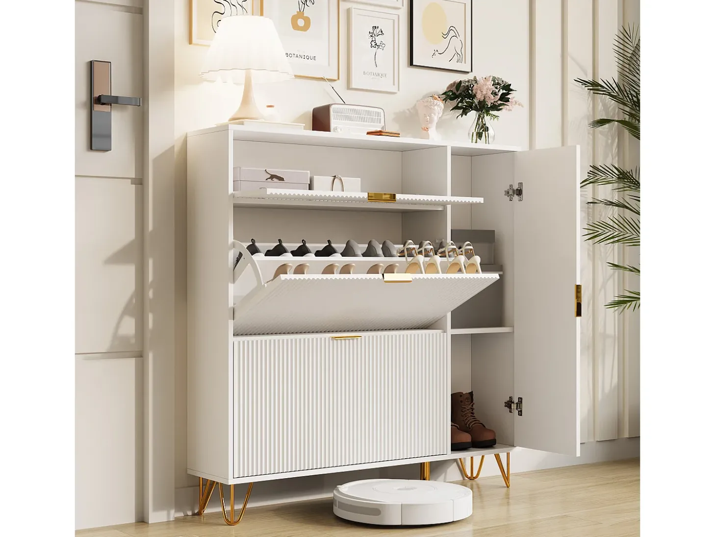 Sapateira Moderna Branco com Armazenamento Regulável e Design Antiderrapante – Estilo Luxo Leve