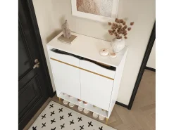 Sapateira moderna com 2 gavetas e 2 portas 80×35×105 cm Amplo espaço de arrumação com luzes LED Branco