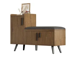 Sapateira moderna com 3 portas e almofada - pernas e puxadores de metal - cor natural - 100 x 34 x 69 cm