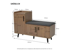 Sapateira moderna com 3 portas e almofada - pernas e puxadores de metal - cor natural - 100 x 34 x 69 cm