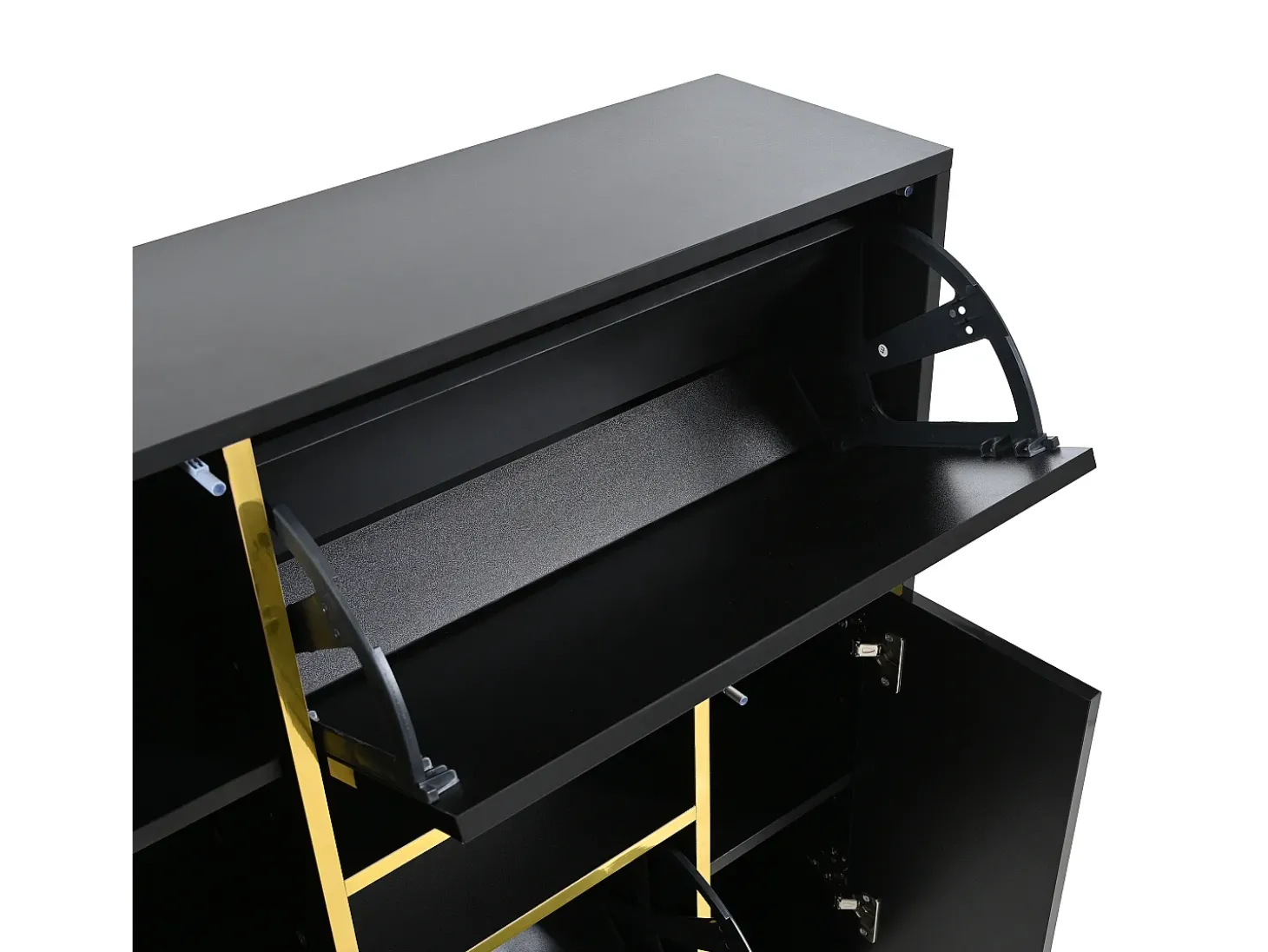 Sapateira moderna com frentes brilhantes, portas de prateleiras ajustáveis, LEDs coloridos, preta