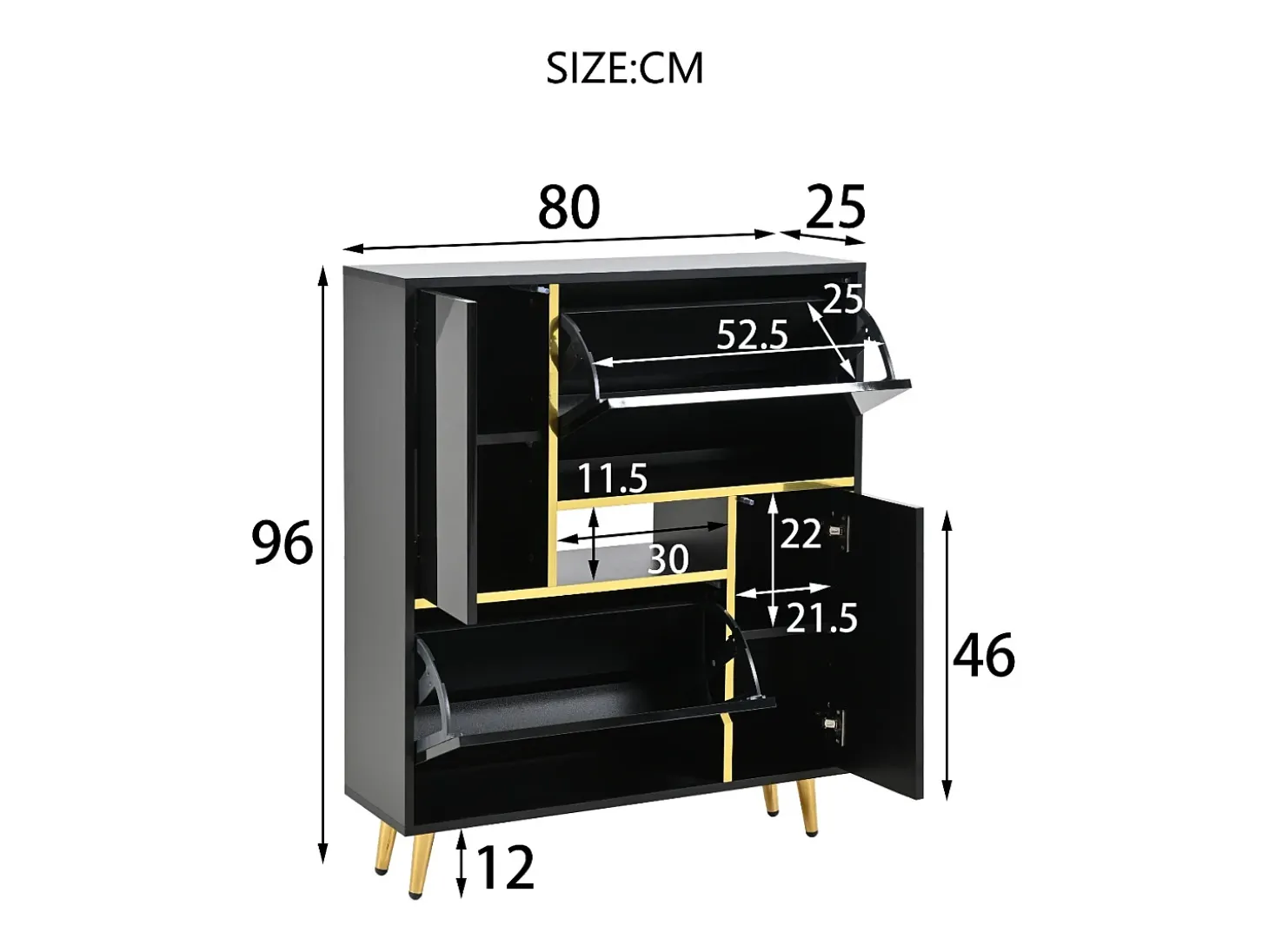 Sapateira moderna com frentes brilhantes, portas de prateleiras ajustáveis, LEDs coloridos, preta