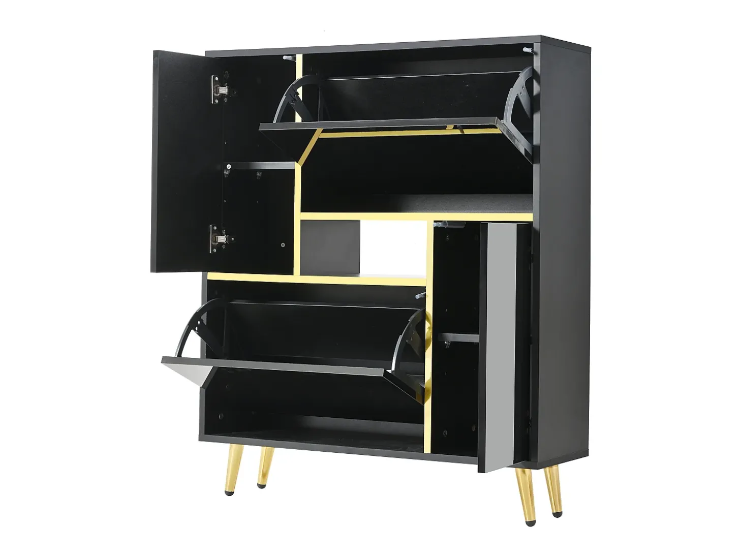 Sapateira moderna com frentes brilhantes, portas de prateleiras ajustáveis, LEDs coloridos, preta