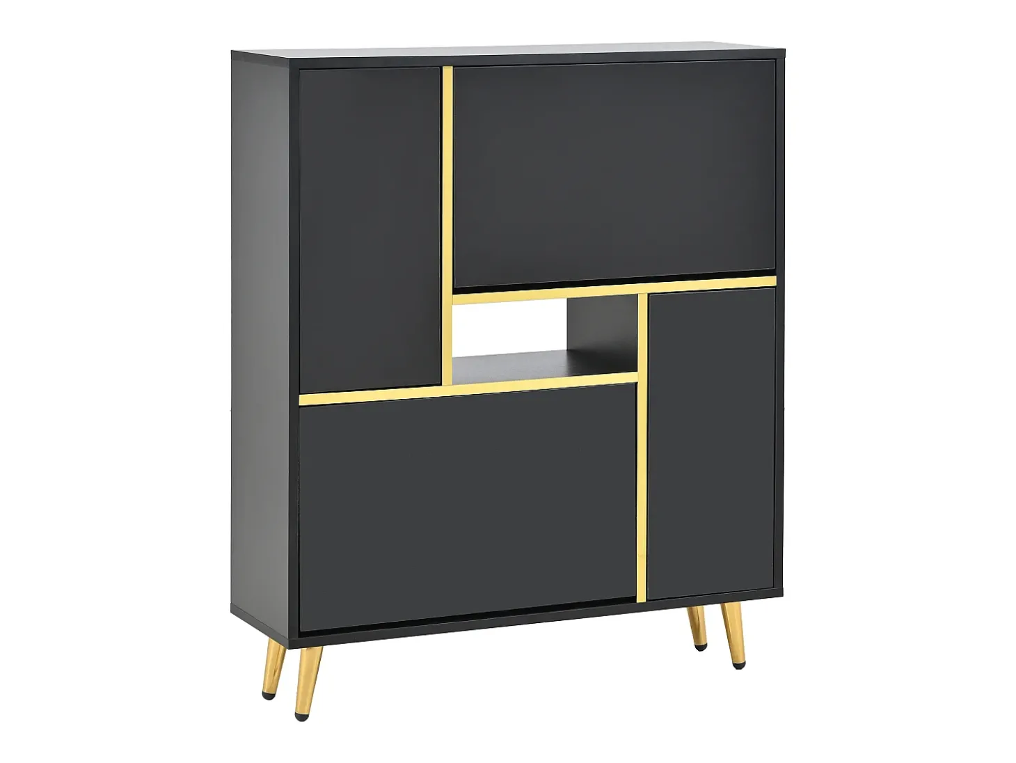 Sapateira moderna com frentes brilhantes, portas de prateleiras ajustáveis, LEDs coloridos, preta