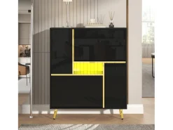 Sapateira moderna com frentes brilhantes, portas de prateleiras ajustáveis, LEDs coloridos, preta