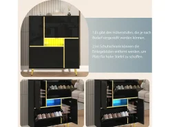 Sapateira moderna com frentes brilhantes, portas de prateleiras ajustáveis, LEDs coloridos, preta