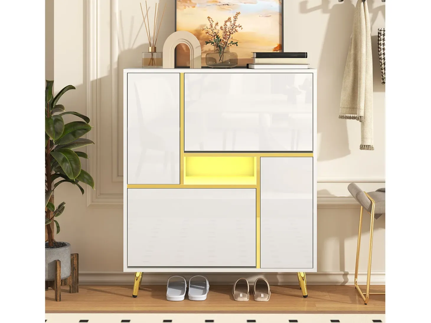 Sapateira moderna com frentes brilhantes, portas de prateleiras ajustáveis, LEDs coloridos, branco