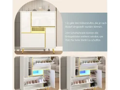 Sapateira moderna com frentes brilhantes, portas de prateleiras ajustáveis, LEDs coloridos, branco