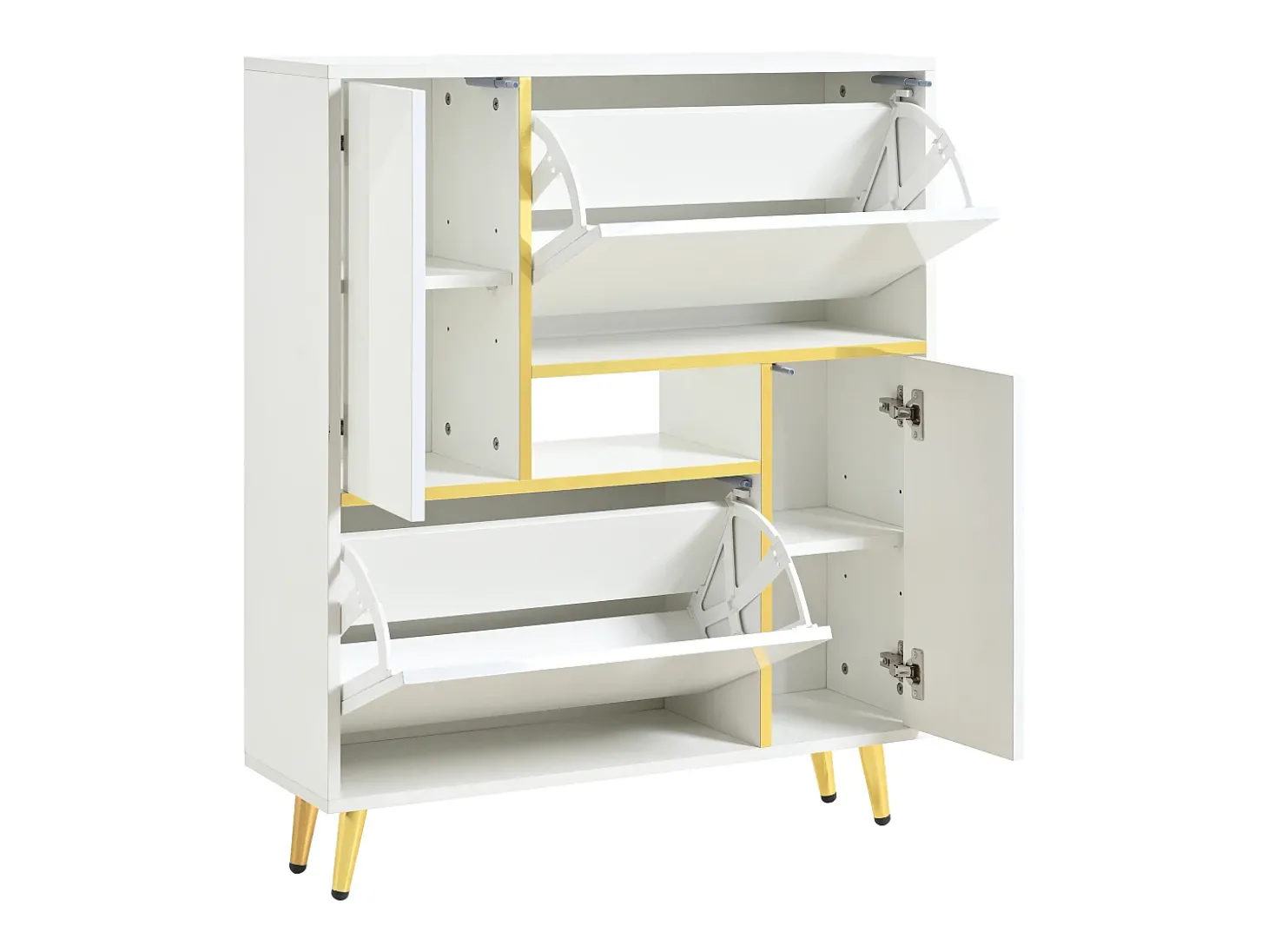 Sapateira moderna com frentes brilhantes, portas de prateleiras ajustáveis, LEDs coloridos, branco
