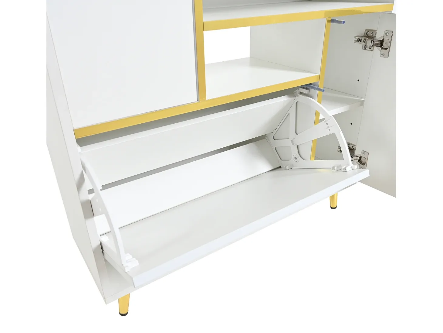 Sapateira moderna com frentes brilhantes, portas de prateleiras ajustáveis, LEDs coloridos, branco