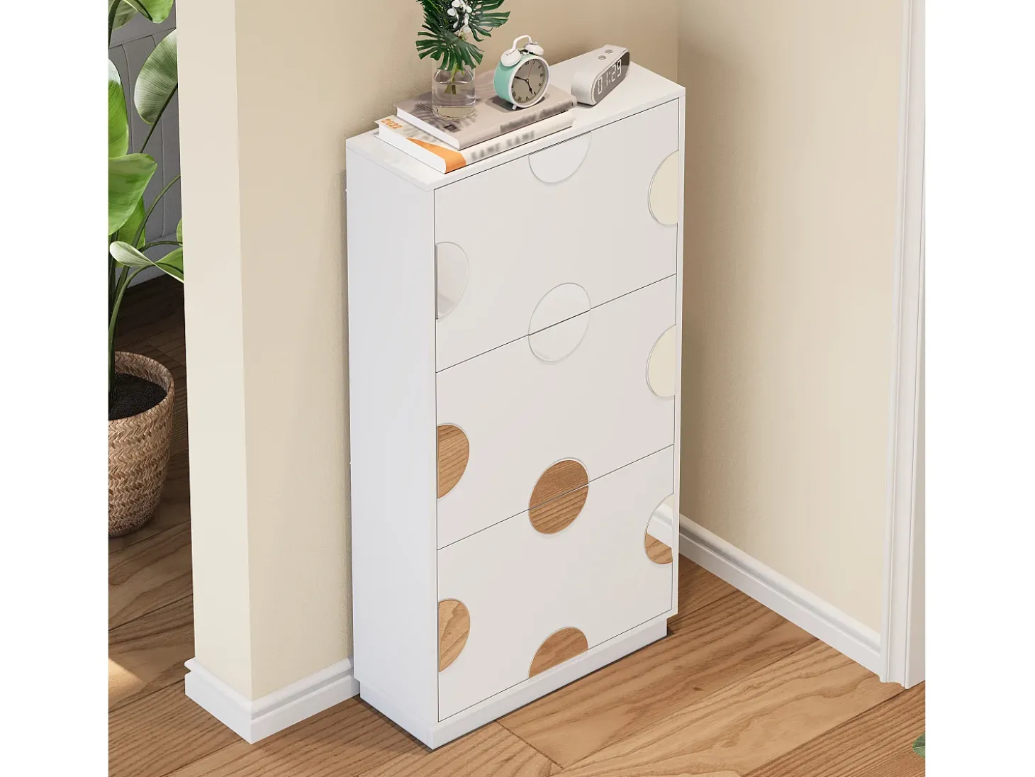 Sapateira moderna e exclusiva - 63 x 24 x 120 cm - com 3 portas + espelho redondo - MDF - branca