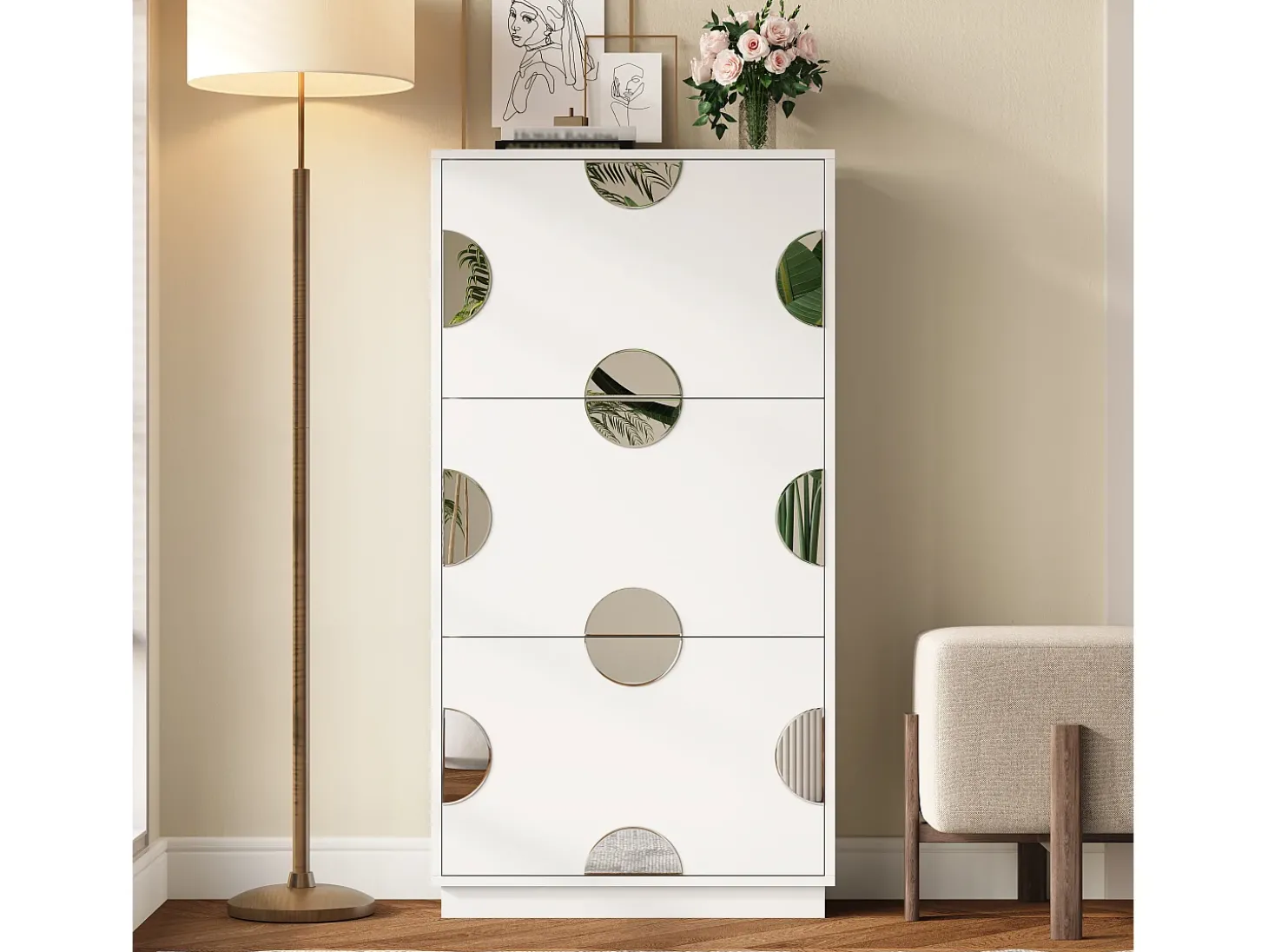 Sapateira moderna e exclusiva - 63 x 24 x 120 cm - com 3 portas + espelho redondo - MDF - branca