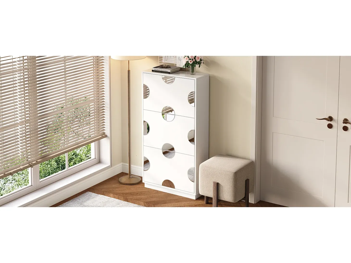 Sapateira moderna e exclusiva - 63 x 24 x 120 cm - com 3 portas + espelho redondo - MDF - branca