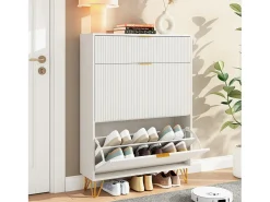 Sapateira Moderna em Madeira com 3 Portas Basculantes, Pés Metálicos Dourados e Design Anti-Queda – Armário de Sapatos Grande, Branco, 49x29x120 cm