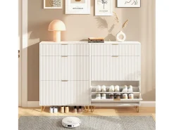Sapateira Moderna em Madeira com 3 Portas Basculantes, Pés Metálicos Dourados e Design Anti-Queda – Armário de Sapatos Grande, Branco, 49x29x120 cm
