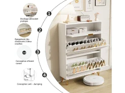 Sapateira Moderna em Madeira com 3 Portas Basculantes, Pés Metálicos Dourados e Design Anti-Queda – Armário de Sapatos Grande, Branco, 49x29x120 cm