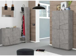 Sapateira Orfeo, Armário multiuso com 4 portas articuladas, Sapateira de entrada, 100% Fabricado na Itália, 81x38h167 cm, Cimento