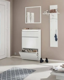 Sapateira Paco, Armário multiuso com 2 portas e 1 porta sanfonada, Sapateira de entrada, 100% Fabricado na Itália, 60x27h108 cm, Branco brilhante