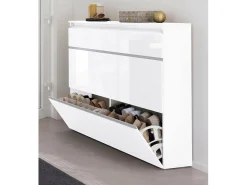 Sapateira Piero, Armário multiuso com 2 portas e 1 porta basculante, Sapateira de entrada, 100% Fabricado na Itália, 120x27h108 cm, Branco brilhante