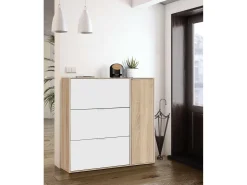 Sapateira Provo, sapateira de 4 portas, armário baixo multiuso com 5 prateleiras, sapateira moderna, 106x22h115 cm, carvalho e branco