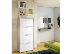 Sapateira Rosa, Móvel de entrada multiuso com 4 portas sanfonadas, Sapateira de dupla profundidade, 100% Fabricado na Itália, 67x28h147 cm, Branco e Olmo