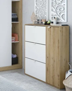 Sapateira Tok, sapateira de entrada com 4 portas, sapateira que economiza espaço, 105x24h112 cm, Branco e Carvalho