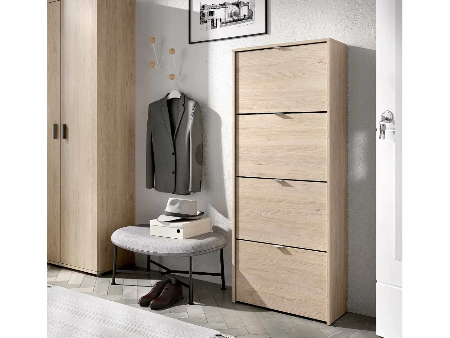 Sapateira Vettore, sapateira de entrada que economiza espaço, sapateira com 4 portas dobráveis, 61x25h149 cm, carvalho