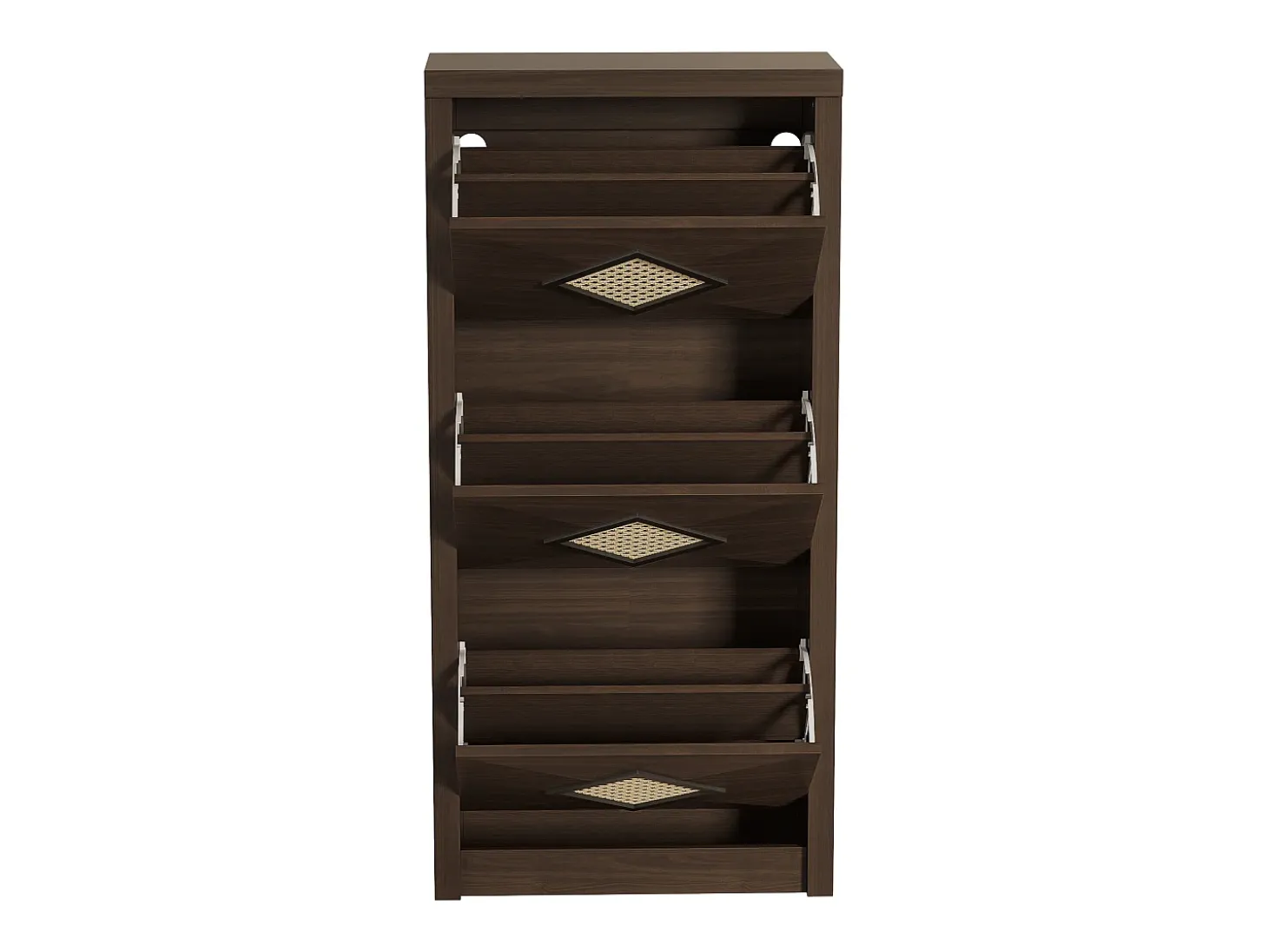 Sapateira vintage com decoração em rattan - 54 x 25 x 115 cm - com 3 compartimentos basculantes - aglomerado - cor natural escura