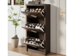 Sapateira vintage com decoração em rattan - 54 x 25 x 115 cm - com 3 compartimentos basculantes - aglomerado - cor natural escura