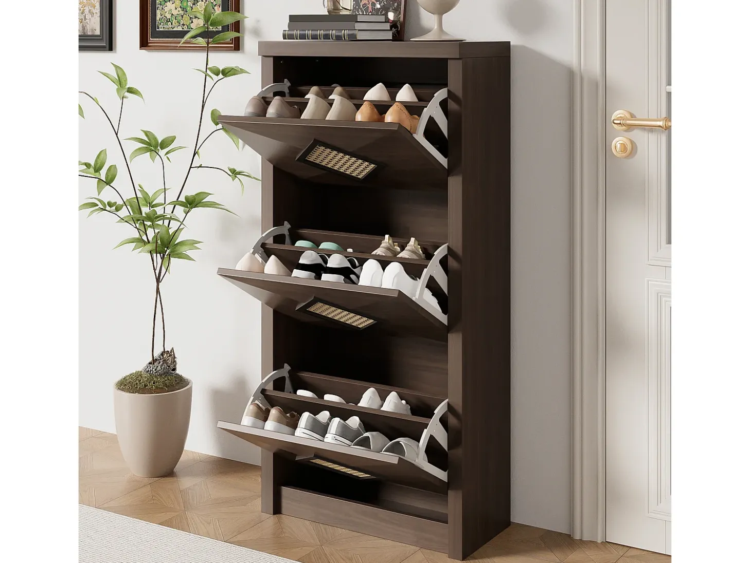 Sapateira vintage com decoração em rattan - 54 x 25 x 115 cm - com 3 compartimentos basculantes - aglomerado - cor natural escura