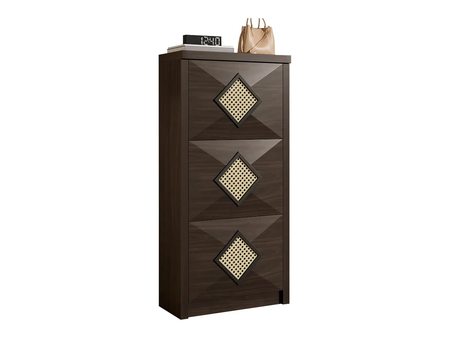 Sapateira vintage com decoração em rattan - 54 x 25 x 115 cm - com 3 compartimentos basculantes - aglomerado - cor natural escura