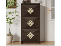 Sapateira vintage com decoração em rattan - 54 x 25 x 115 cm - com 3 compartimentos basculantes - aglomerado - cor natural escura
