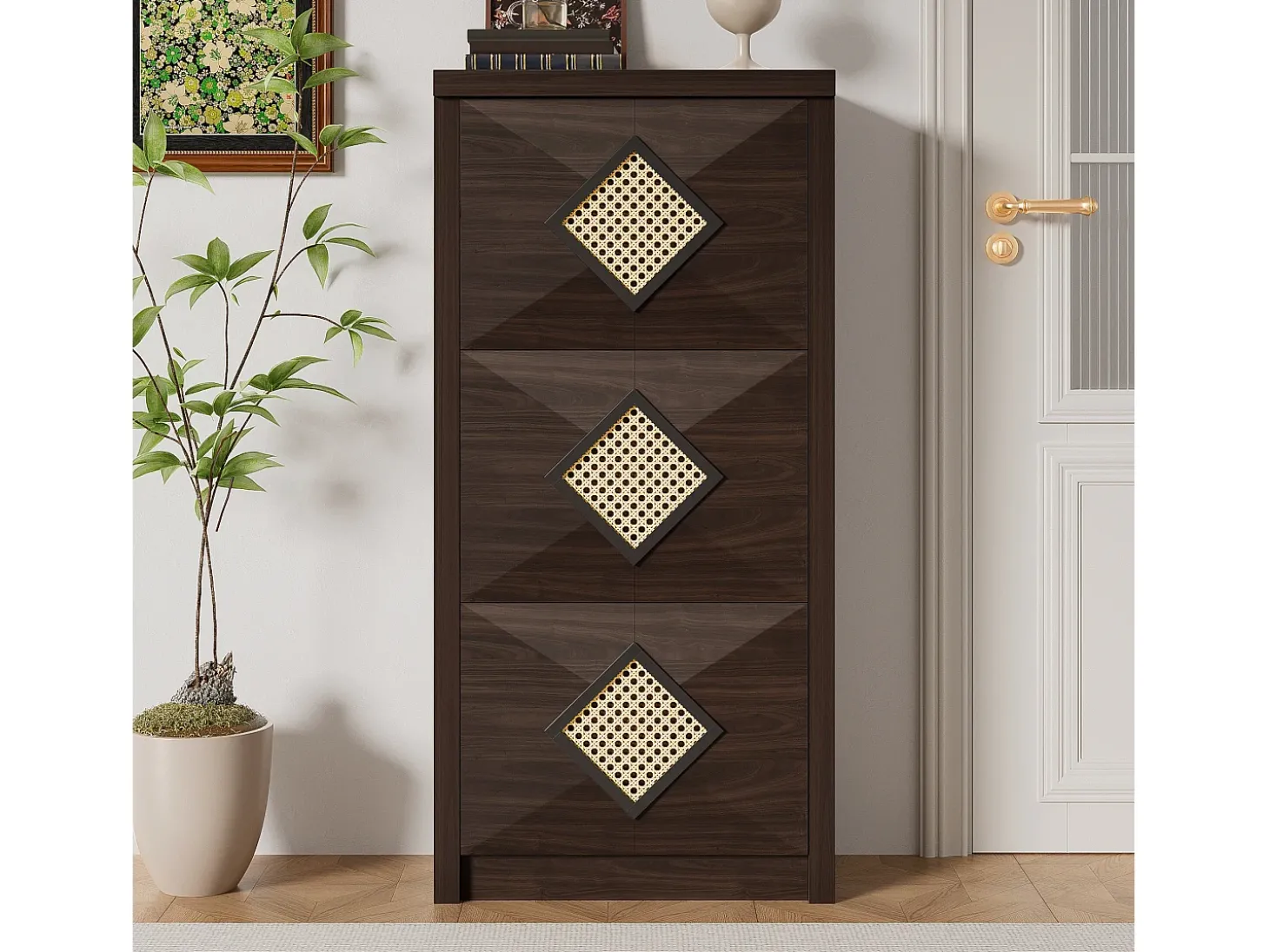 Sapateira vintage com decoração em rattan - 54 x 25 x 115 cm - com 3 compartimentos basculantes - aglomerado - cor natural escura
