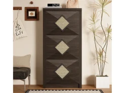 Sapateira vintage com decoração em rattan - 54 x 25 x 115 cm - com 3 compartimentos basculantes - aglomerado - cor natural escura