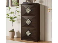 Sapateira vintage com decoração em rattan - 54 x 25 x 115 cm - com 3 compartimentos basculantes - aglomerado - cor natural escura