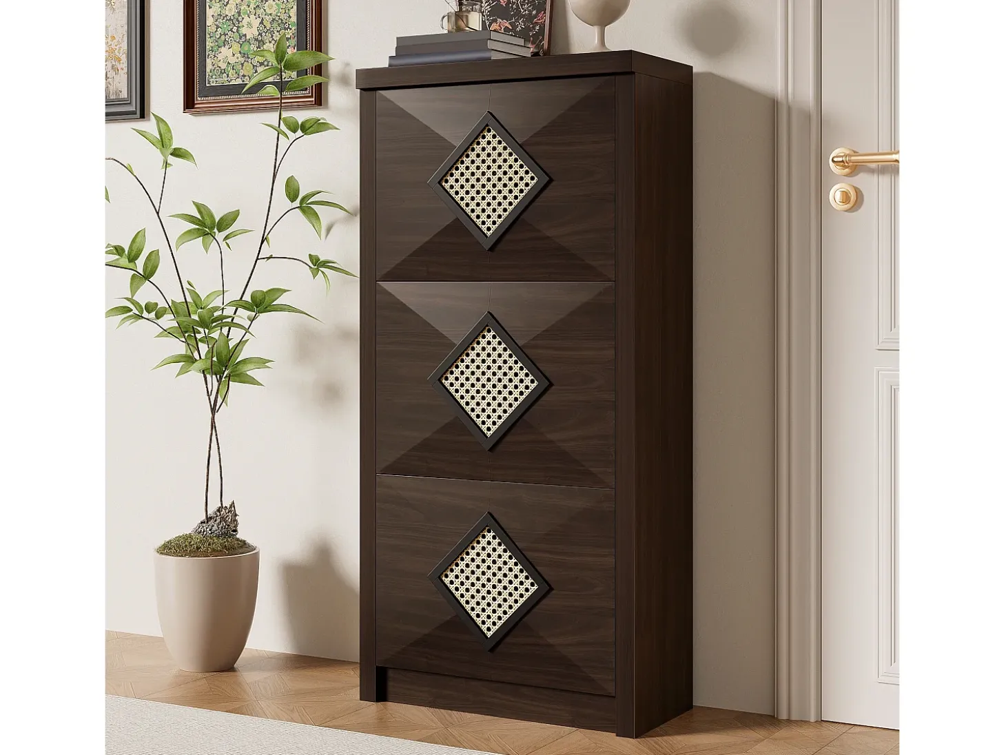 Sapateira vintage com decoração em rattan - 54 x 25 x 115 cm - com 3 compartimentos basculantes - aglomerado - cor natural escura