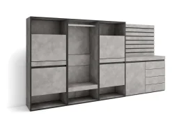 Sapateira, 287x145x35 cm, Para quarto, dormitório, Roupeiro aberto, Cómoda, Tiras Deco. Madeira, Cimento