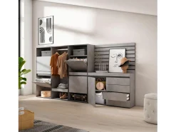 Sapateira, 287x145x35 cm, Para quarto, dormitório, Roupeiro aberto, Cómoda, Tiras Deco. Madeira, Cimento
