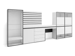 Sapateira, 335x57x145cm, Para quarto, dormitório, Roupeiro aberto, Cómoda, Tiras Deco. Madeira, Toucador, Branco