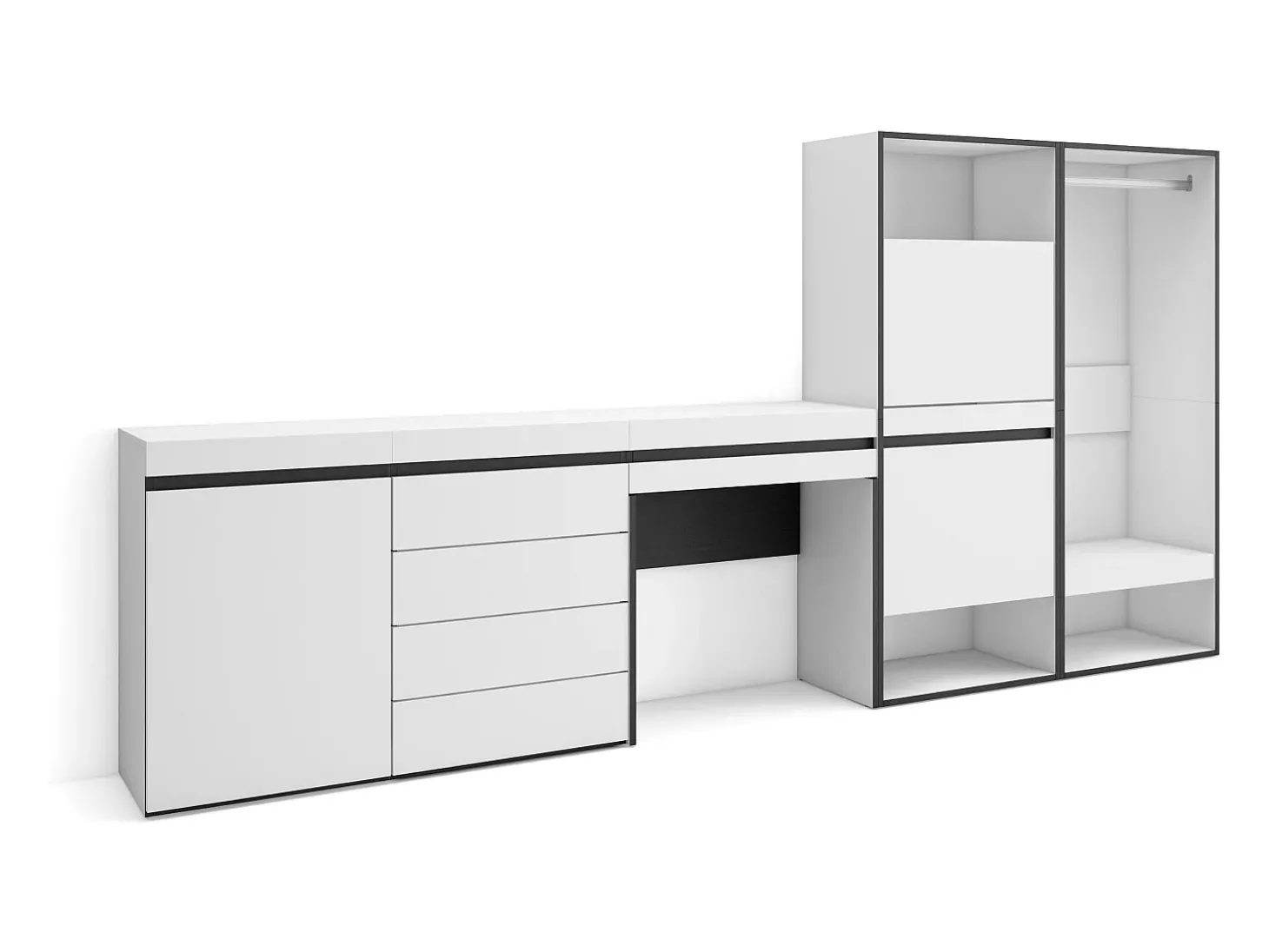 Sapateira, 297x35x145cm, Para quarto, dormitório, Roupeiro aberto, Cómoda, Toucador, Branco
