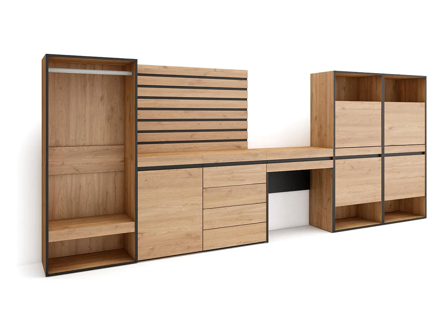 Sapateira, 335x57x145cm, Para quarto, dormitório, Roupeiro aberto, Cómoda, Tiras Deco. Madeira, Toucador, Carvalho