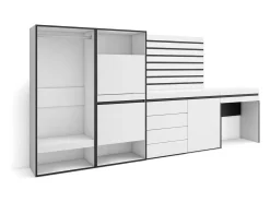 Sapateira, 297x35x145cm, Para quarto, dormitório, Roupeiro aberto, Cómoda, Tiras Deco. Madeira, Toucador, Branco